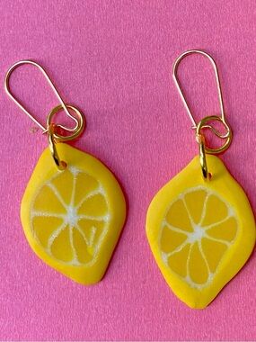 Handcrafted Yellow Lemon Slice Drop Earrings
